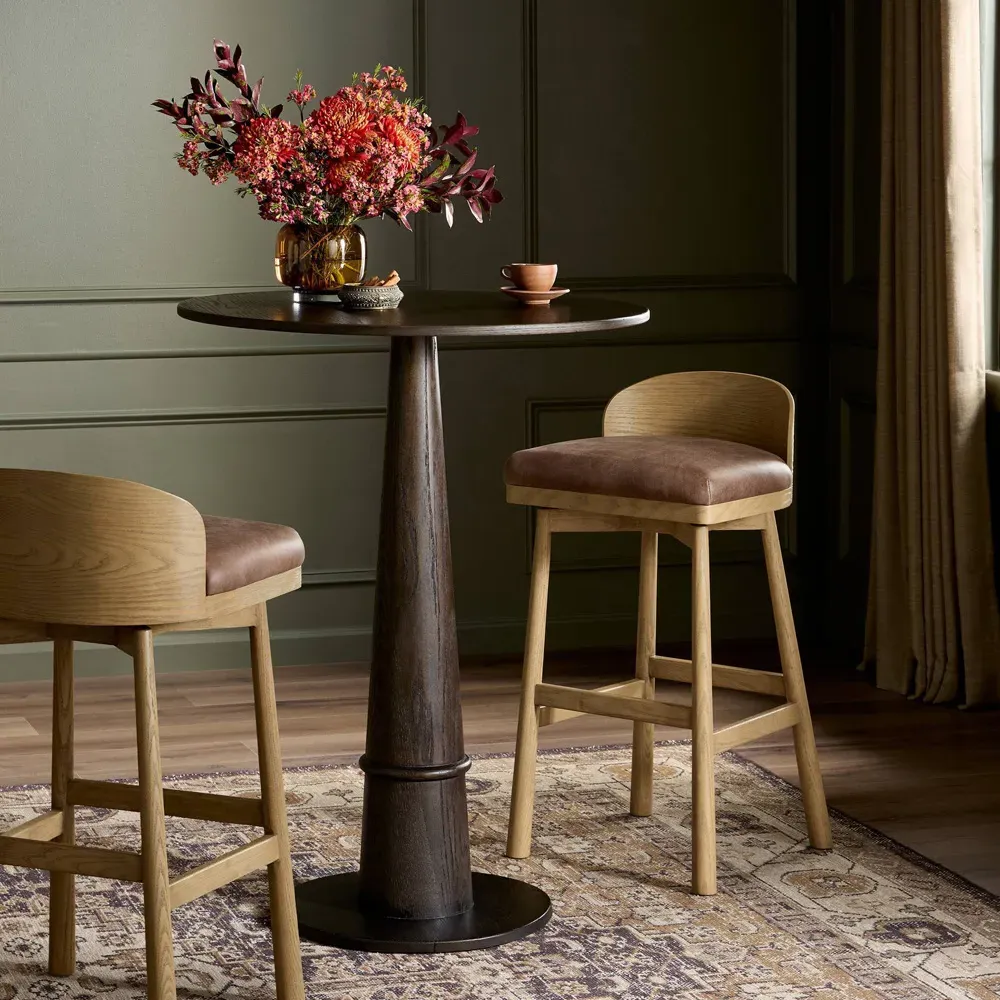 Caius Swivel Counter Stool - Brown Leather, Oak