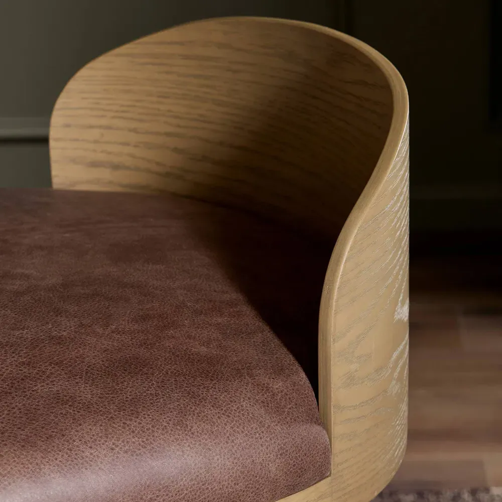 Caius Swivel Counter Stool - Brown Leather, Oak