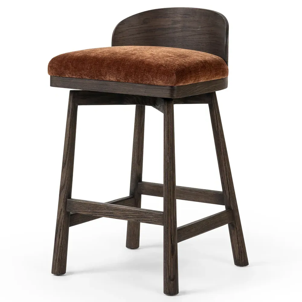 Caius Swivel Counter Stool - Rust Velvet, Oak