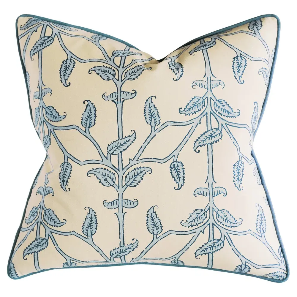 Caiya Blue Vine Cotton Throw Pillow - Beige