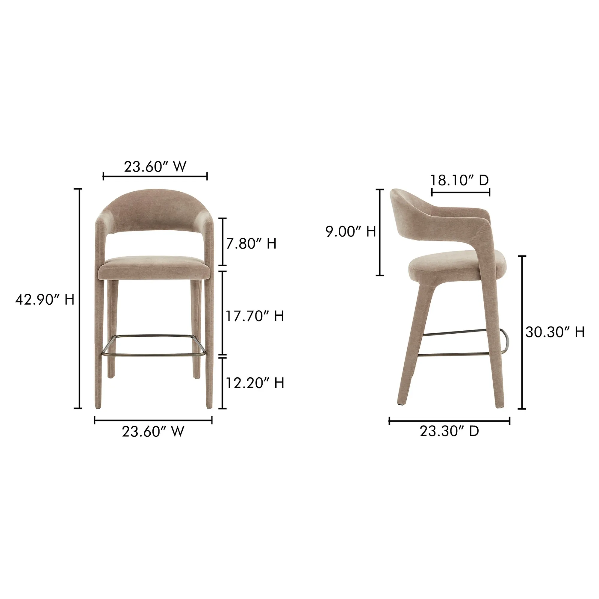 Camille Bar Stool - Brown, Velvet