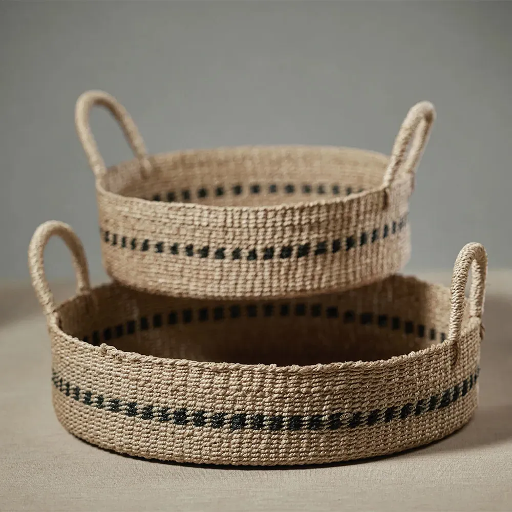 Cara Round Decorative Tray Set of 2 - Brown, Abaca