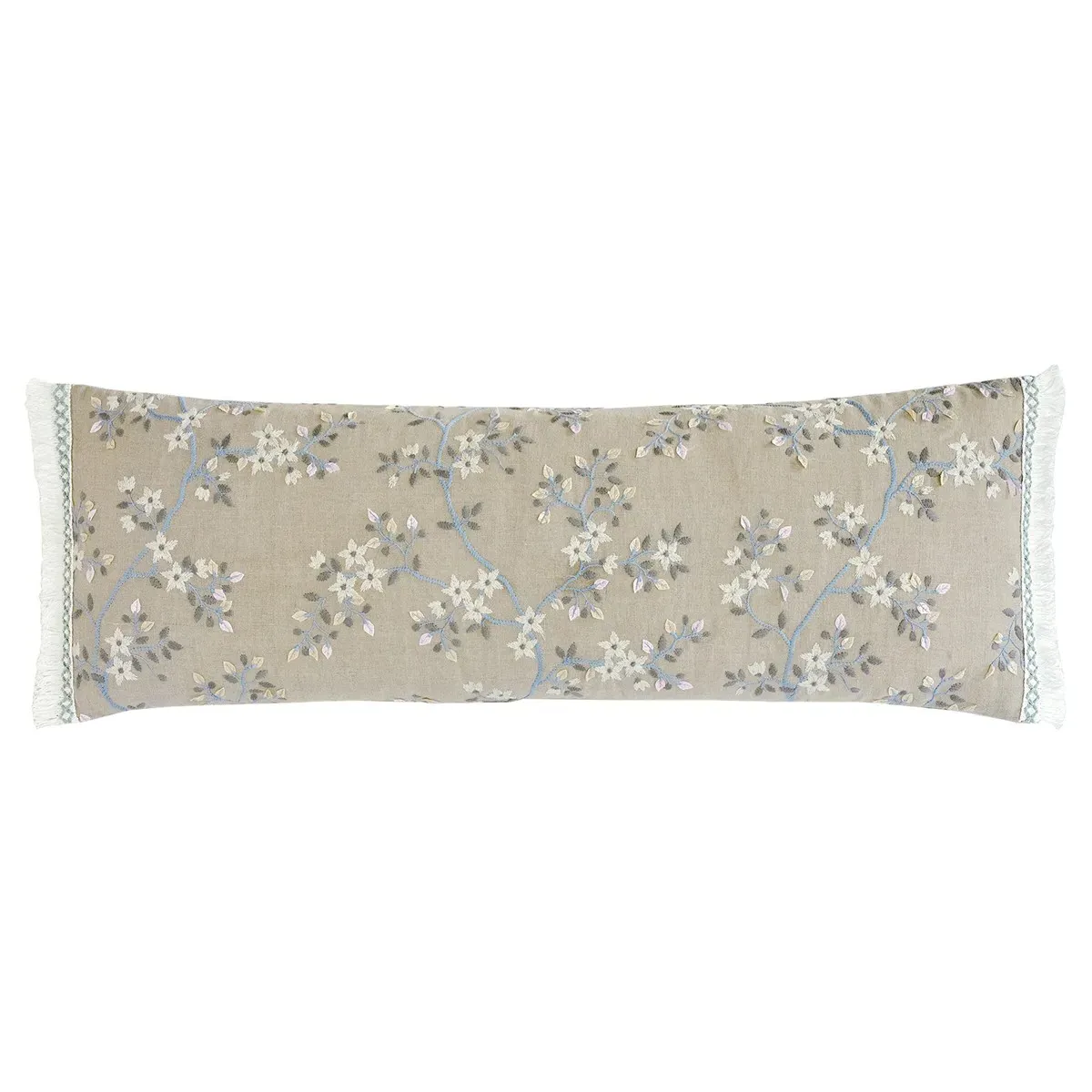 Carlyn Floral Embroidered Lumbar Pillow - Beige, Linen image