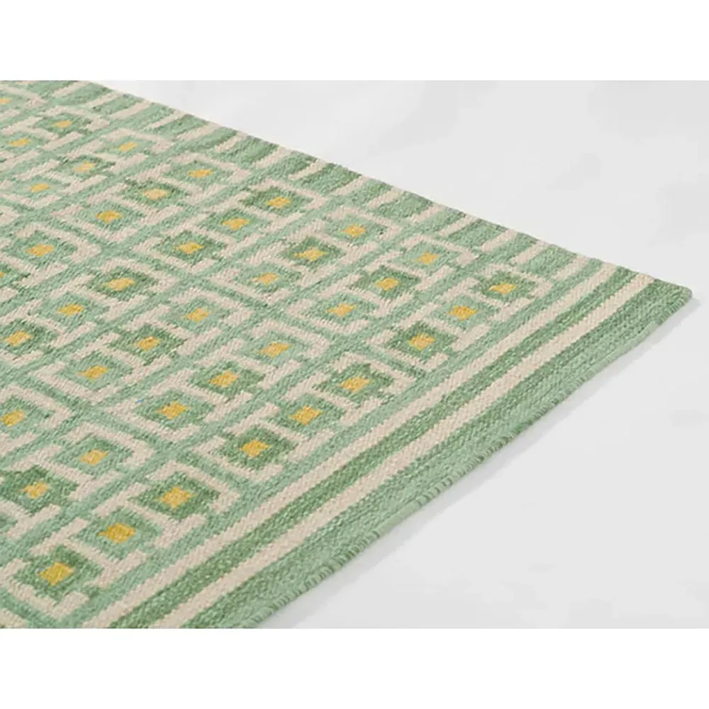 Carys Grid Patterned Rug - Green, Wool