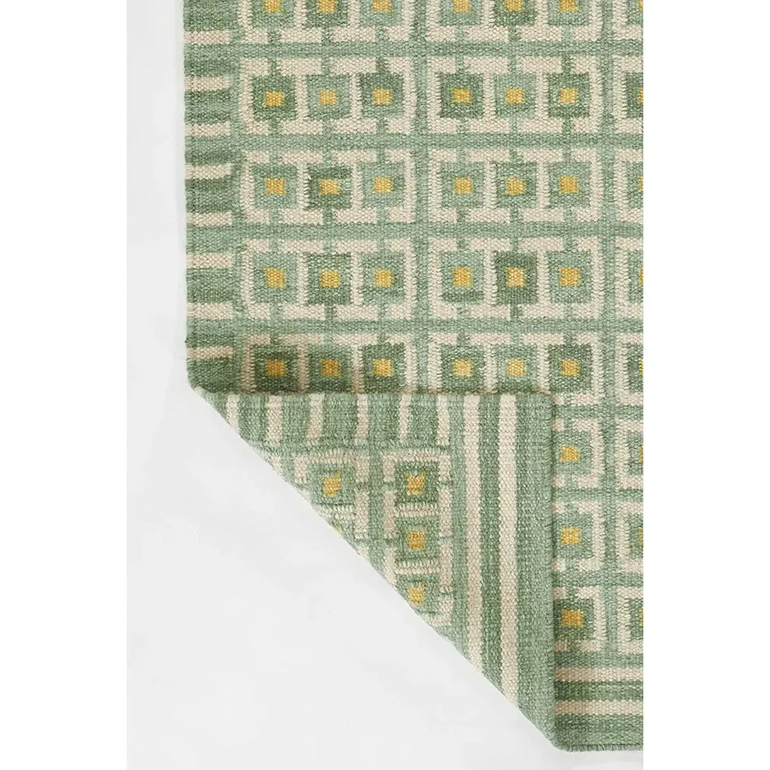Carys Grid Patterned Rug - Green, Wool