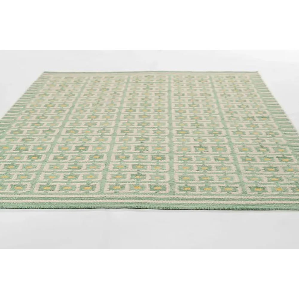 Carys Grid Patterned Rug - Green, Wool