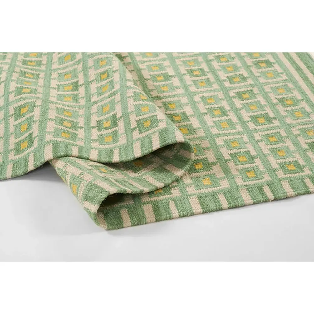Carys Grid Patterned Rug - Green, Wool