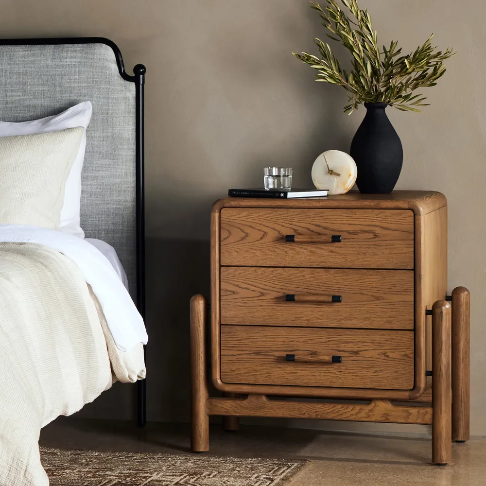 Catherine 3 Drawer Nightstand - Light Brown, Oak Wood