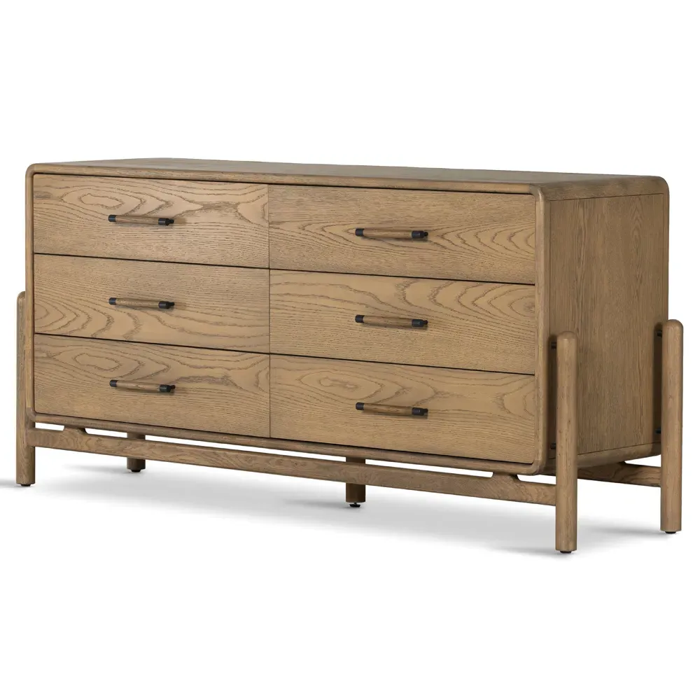 Catherine 6 Drawer Double Dresser - Light Brown, Oak Wood