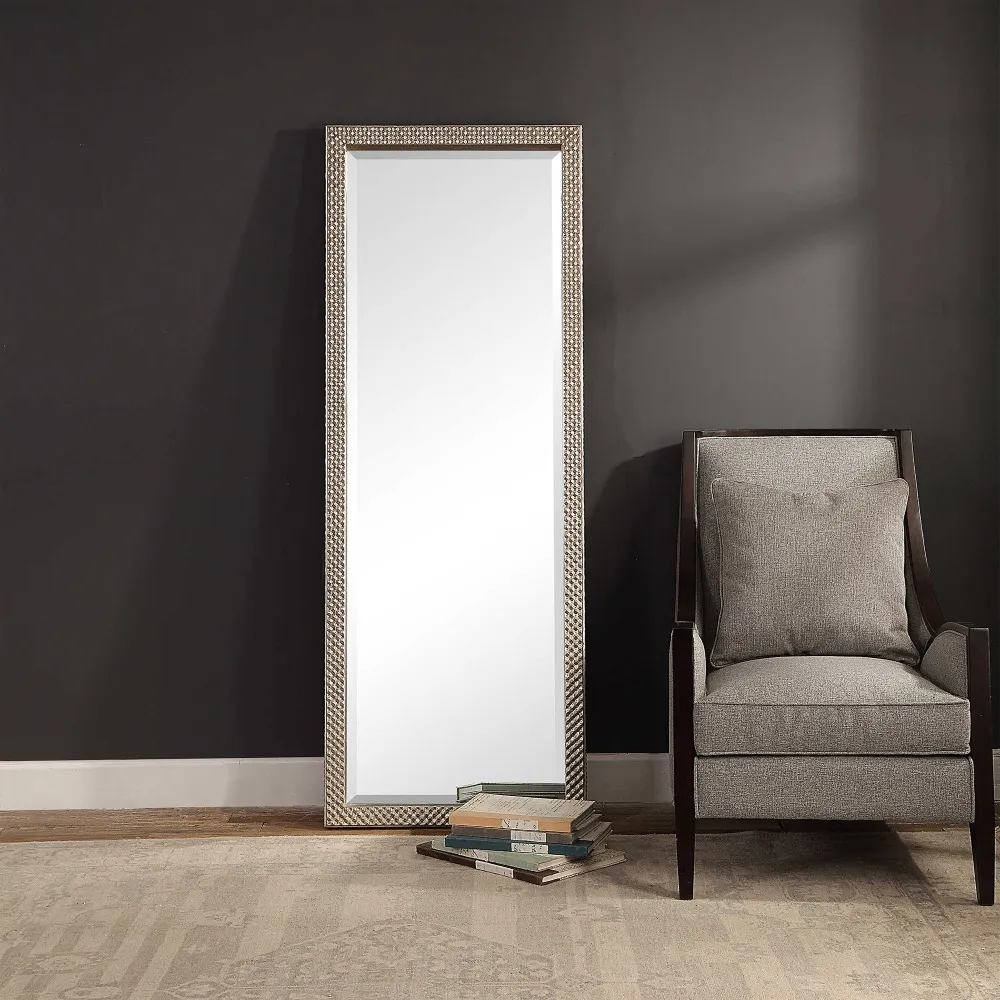 Cecille Floor Mirror with Diamond Stud Texture - Silver