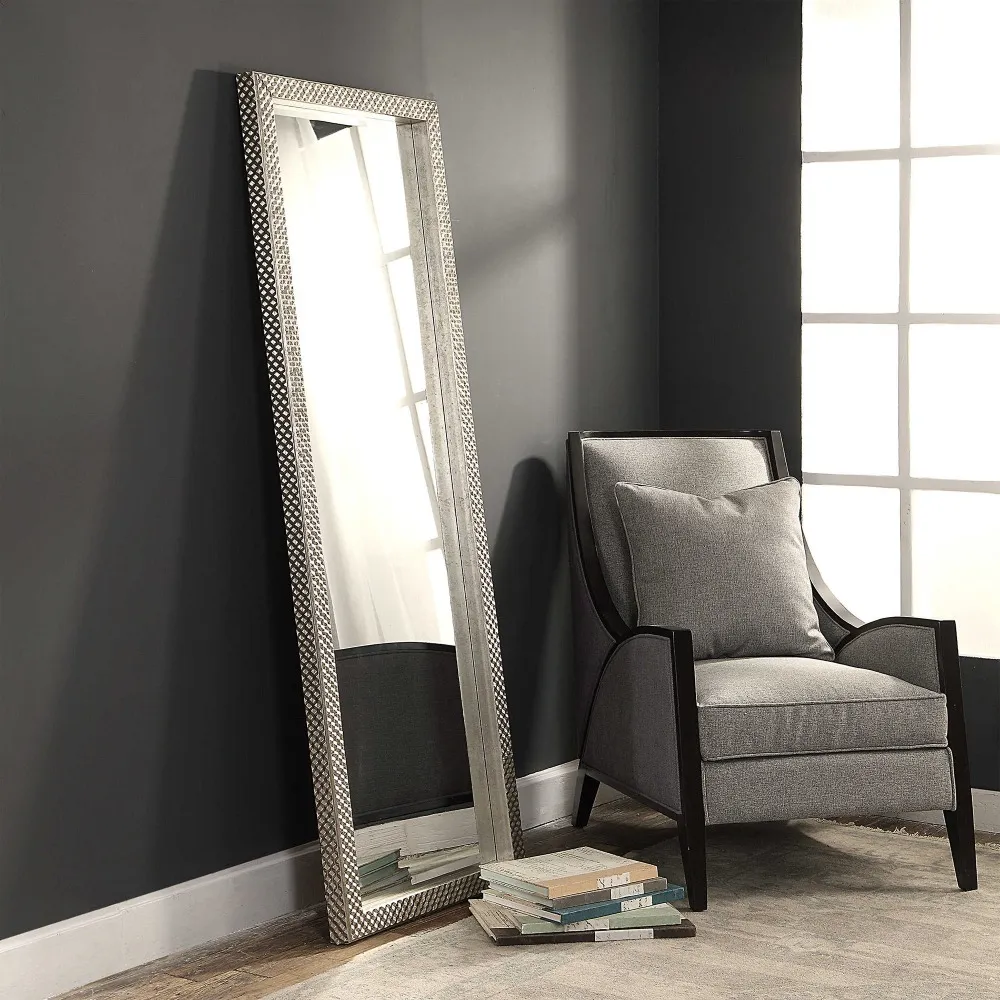 Cecille Floor Mirror with Diamond Stud Texture - Silver