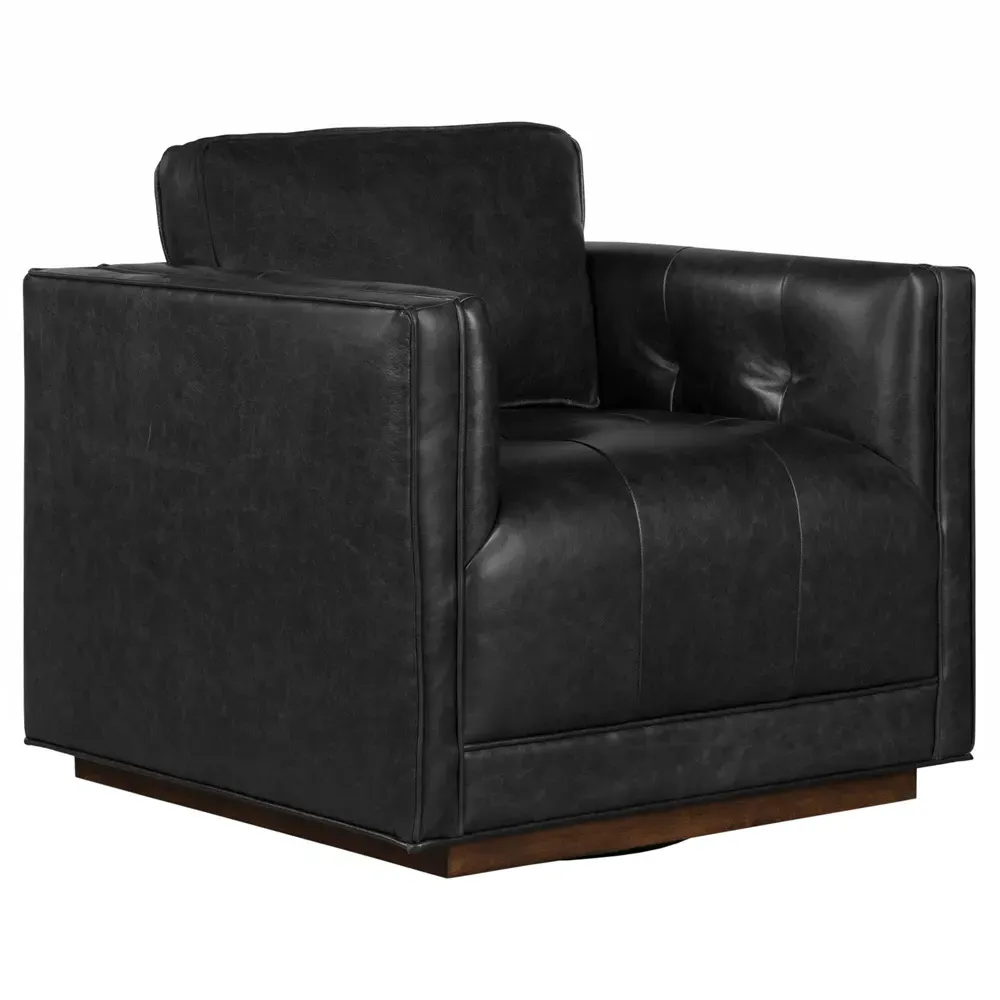 Celeste Tufted Swivel Arm Chair - Black, Leather