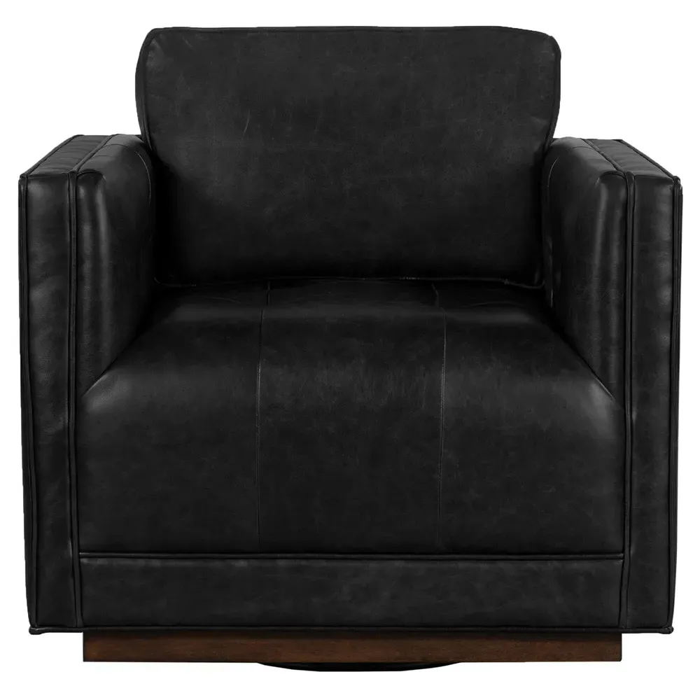 Celeste Tufted Swivel Arm Chair - Black, Leather