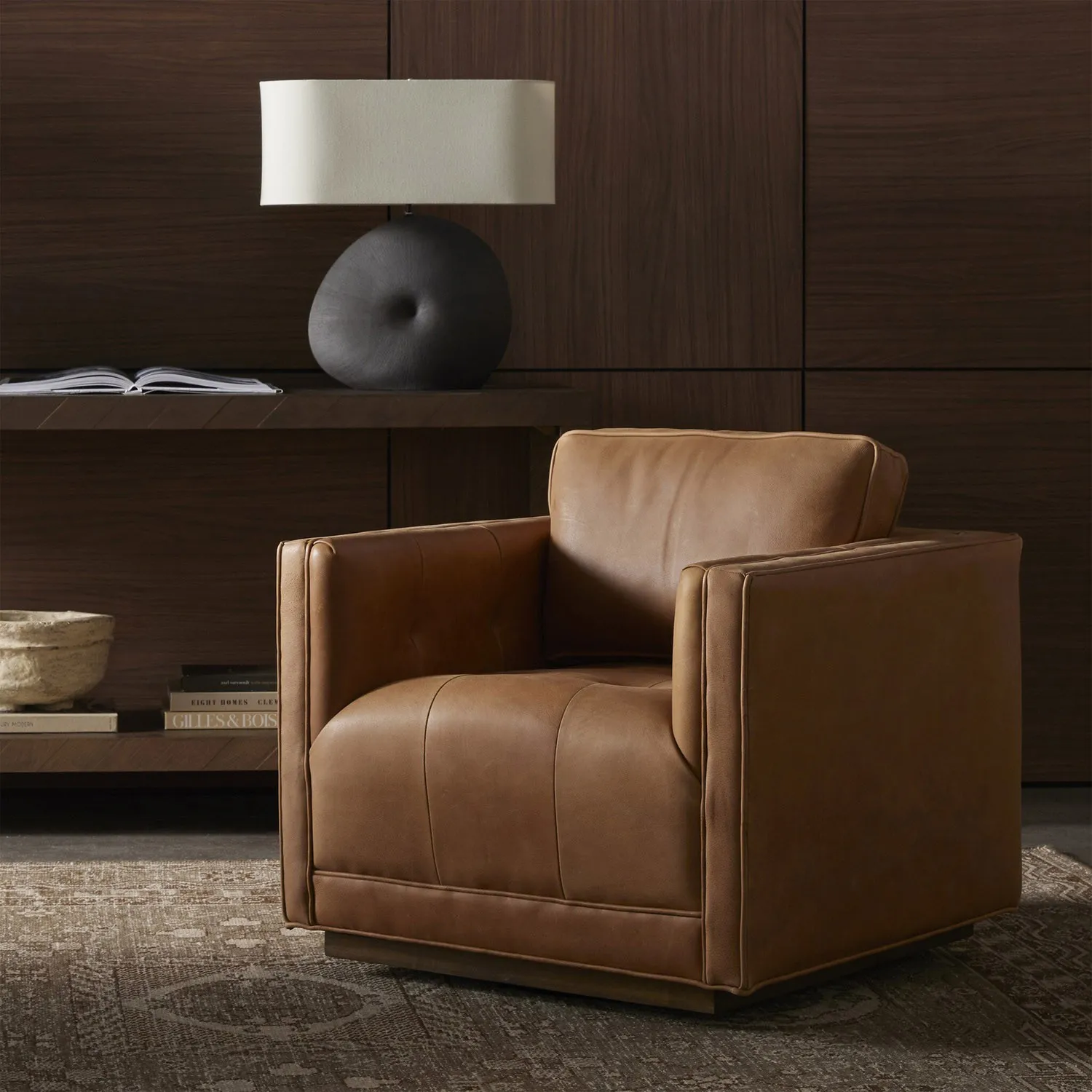 Celeste Tufted Swivel Arm Chair - Tan, Leather