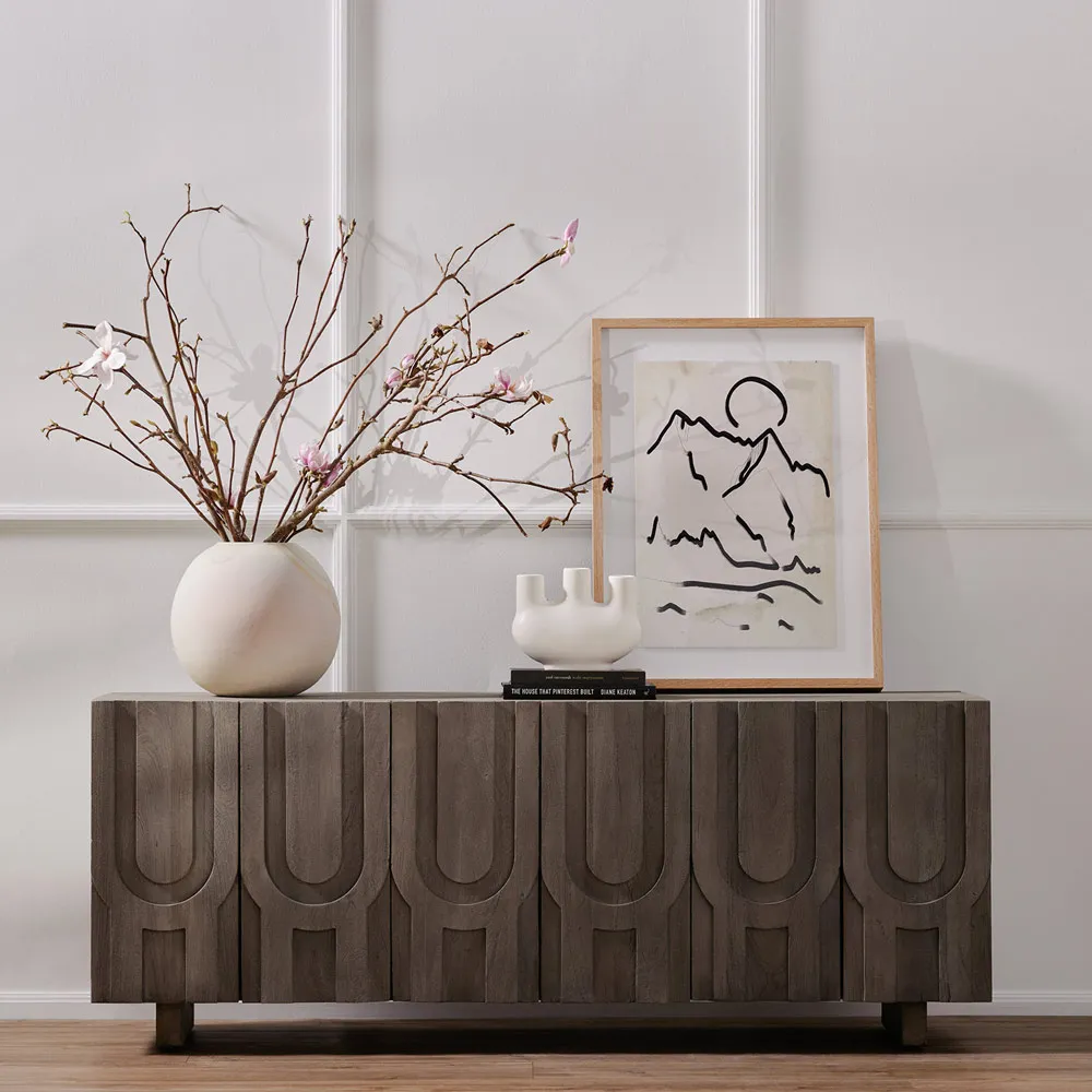 Celia Carved Wood Media Console - Aged Grey