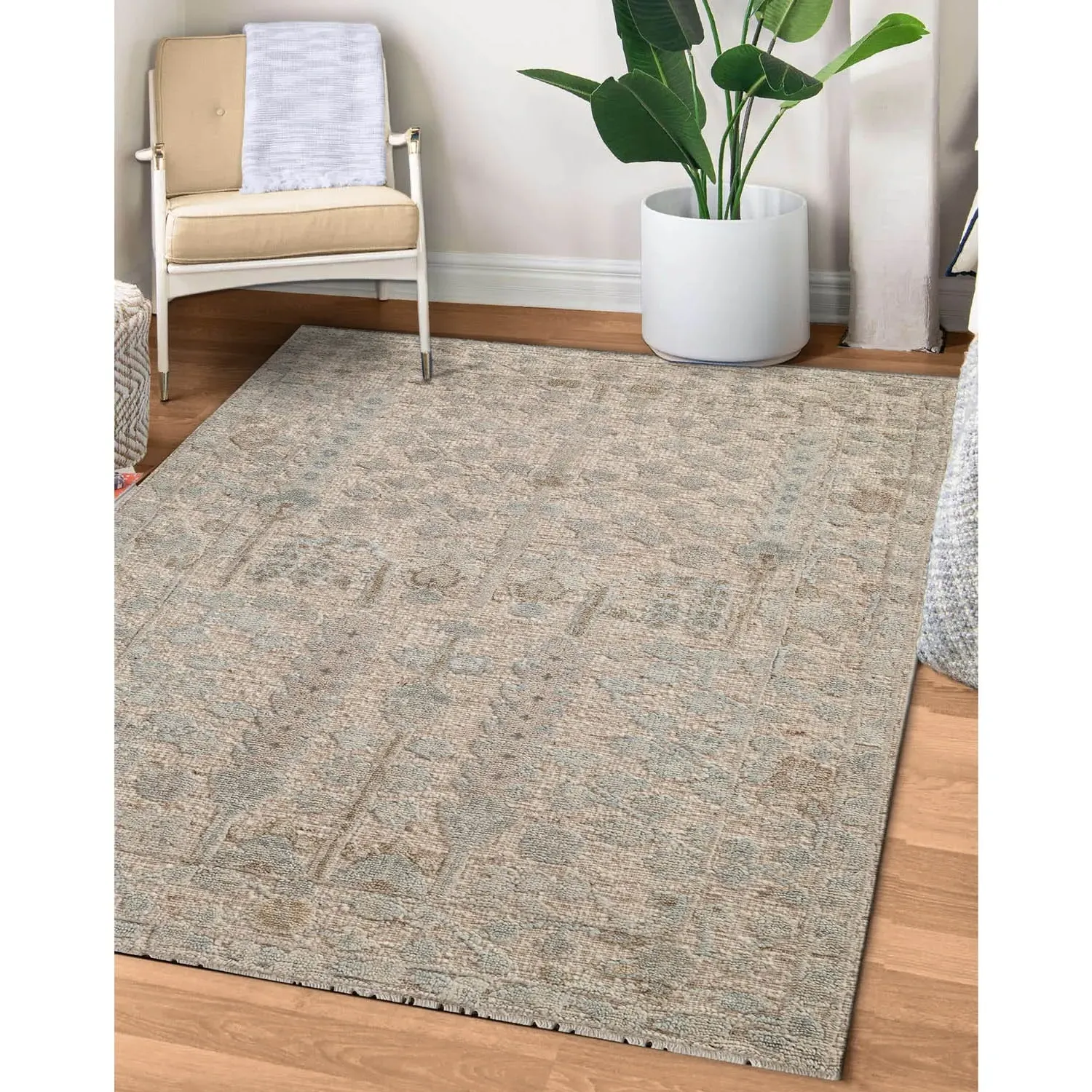 Celina Botanical Patterned Hand Knotted Rug - Grey, Wool