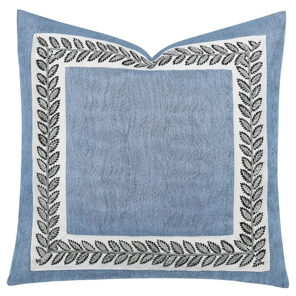 Cerene Embroidered Leaf Border Throw Pillow - Blue