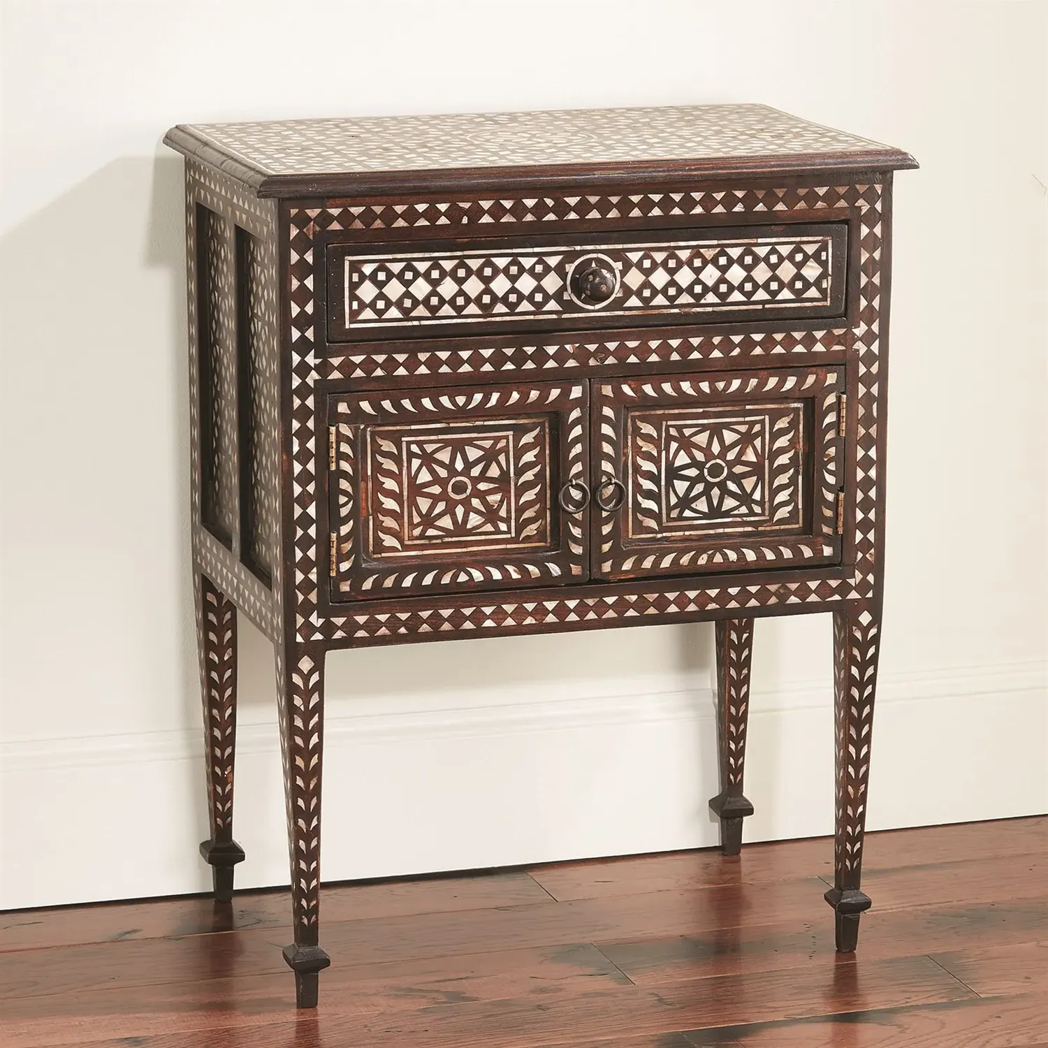 Chandi Nightstand with Mother of Pearl Inlay - Brown, Teak