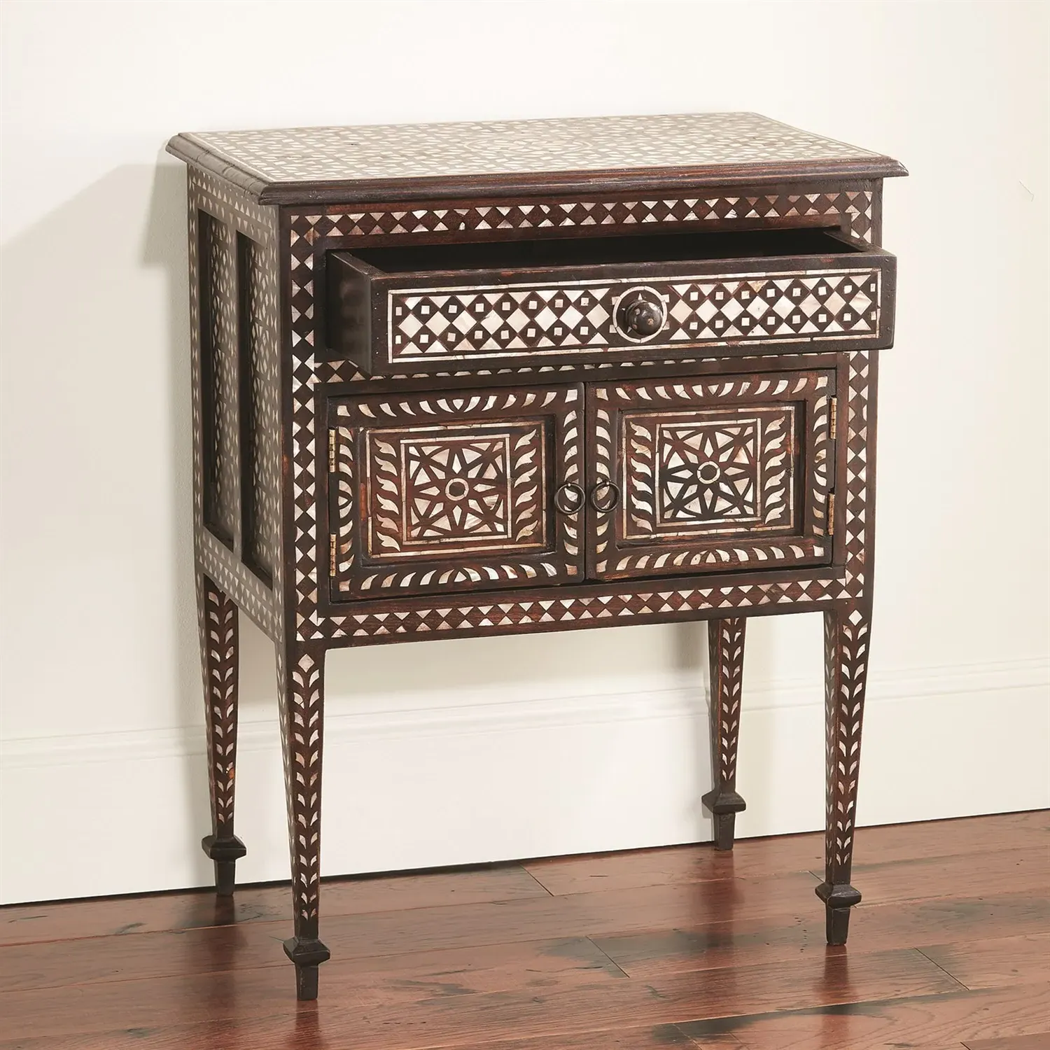 Chandi Nightstand with Mother of Pearl Inlay - Brown, Teak