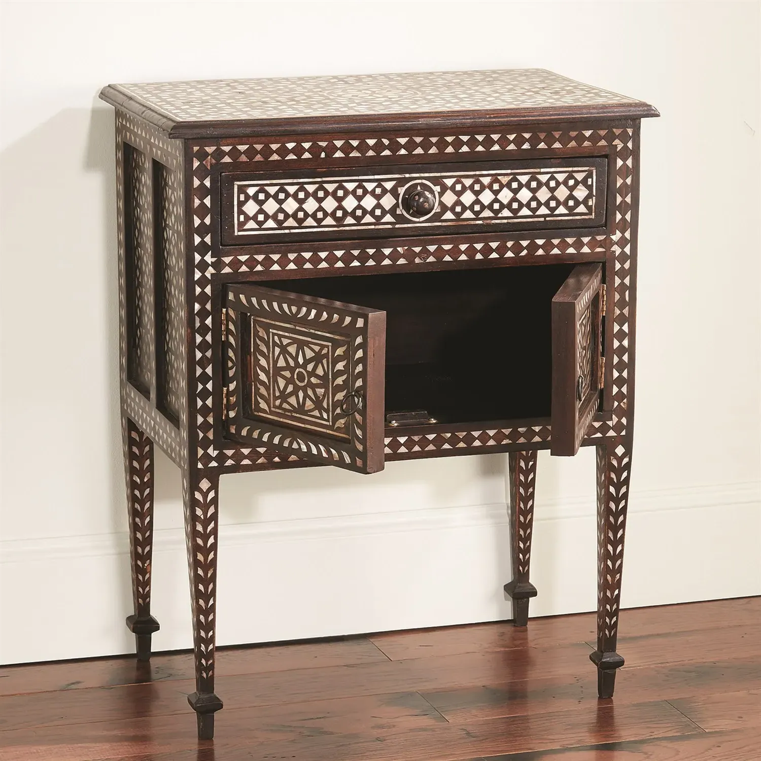 Chandi Nightstand with Mother of Pearl Inlay - Brown, Teak