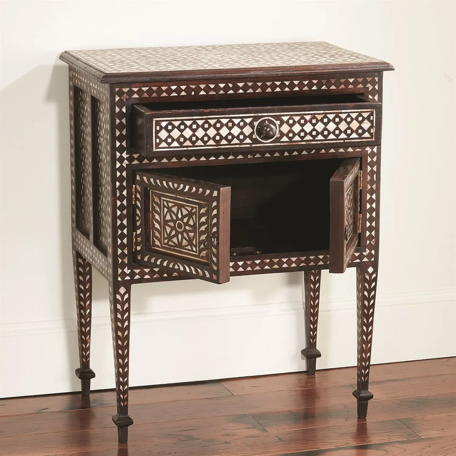 Chandi Nightstand with Mother of Pearl Inlay - Brown, Teak