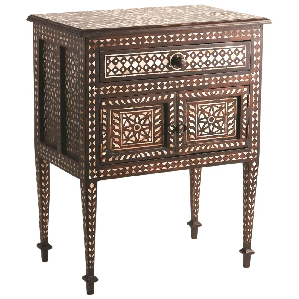 Chandi Nightstand with Mother of Pearl Inlay - Brown, Teak image