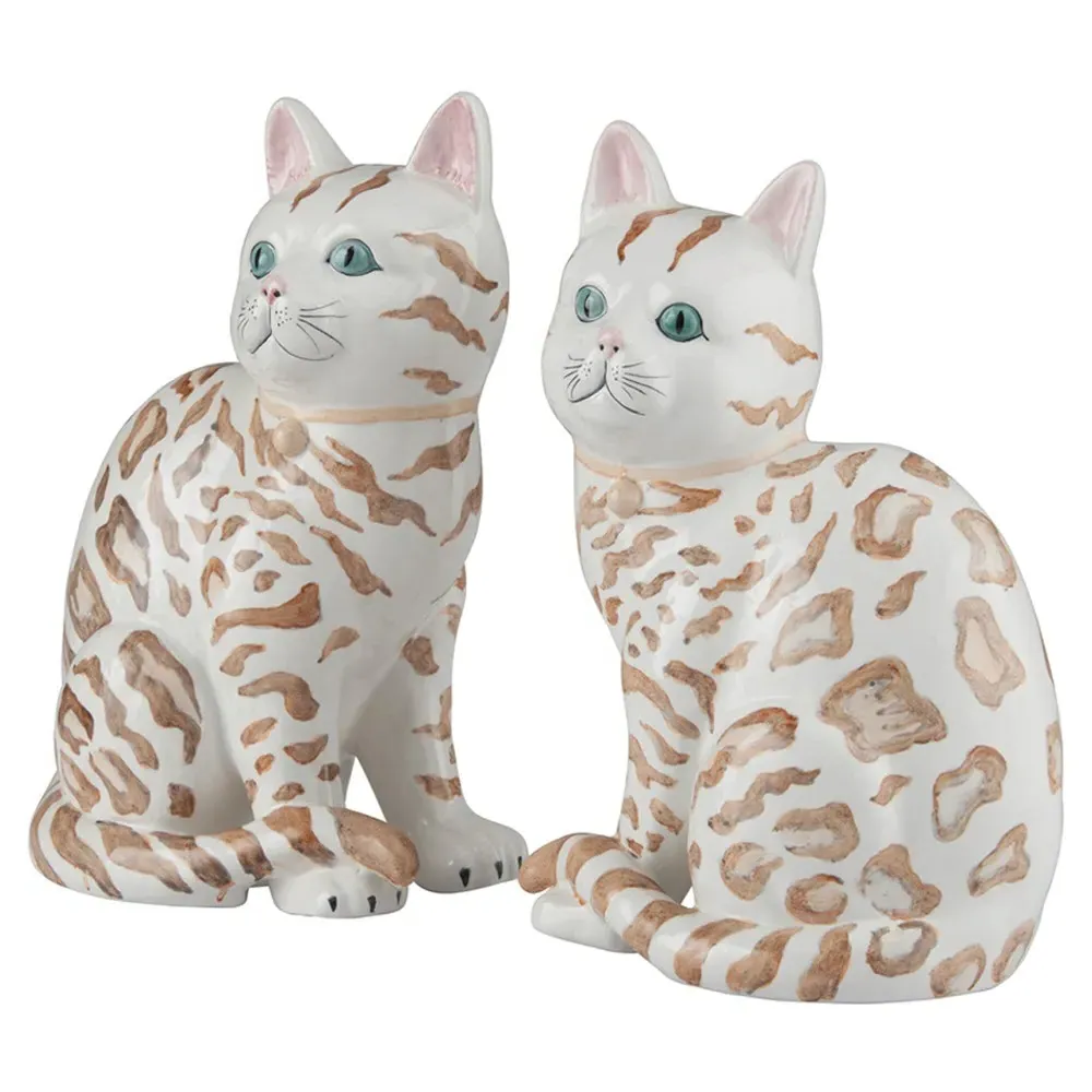 Chanti Bengal Cat Statue Set of 2 - White, Ceramic