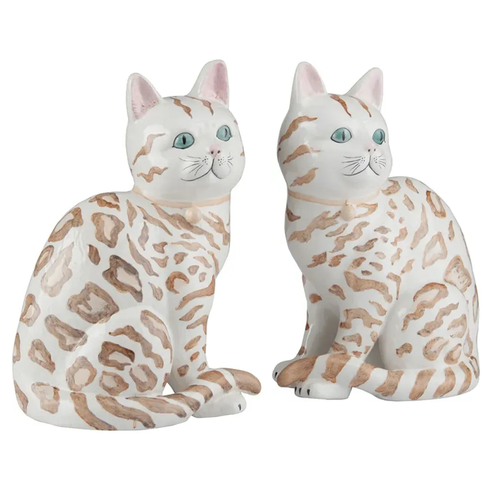 Chanti Bengal Cat Statue Set of 2 - White, Ceramic