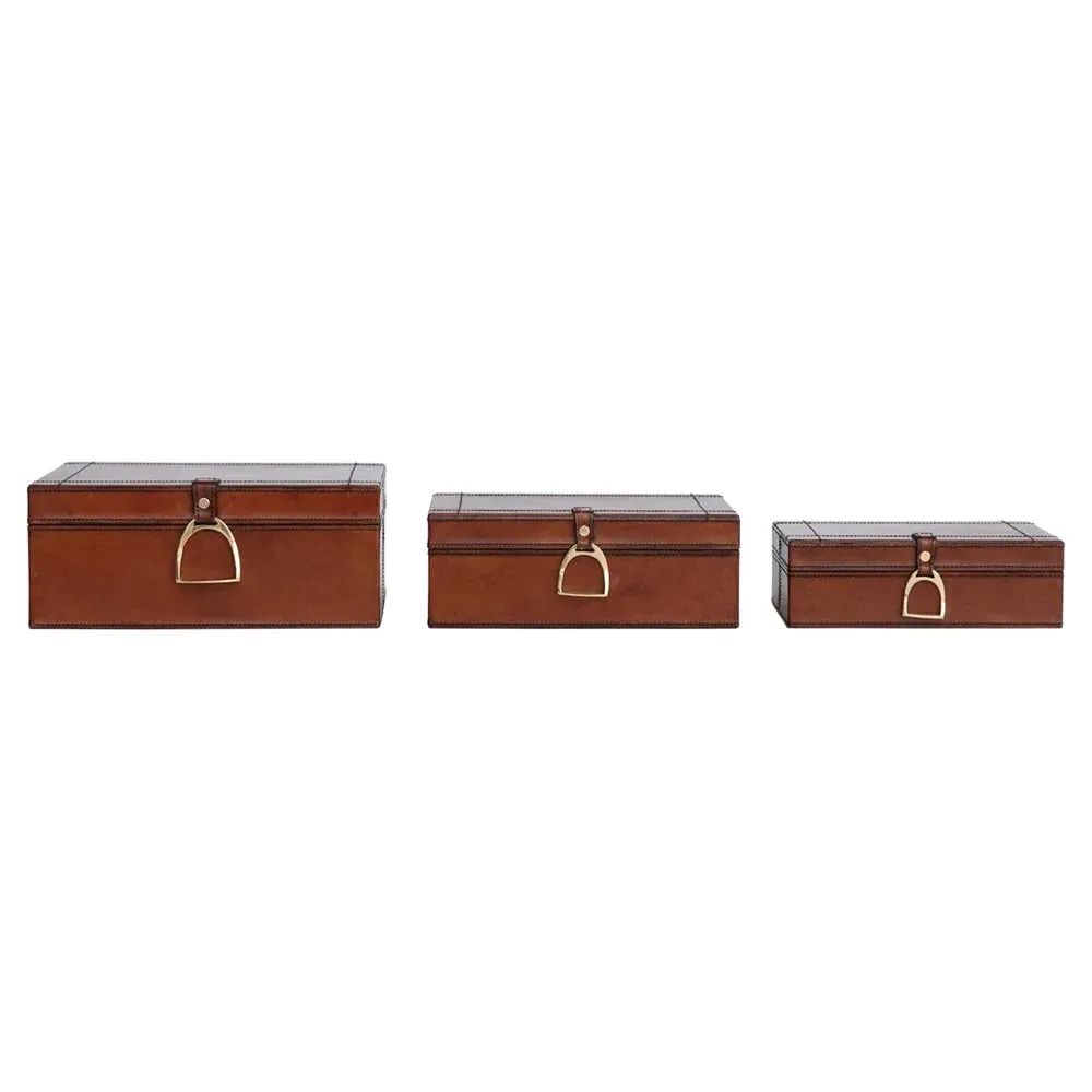 Charlee Rectangular Decorative Box Set of 3 - Brown, Leather