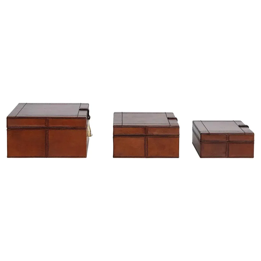 Charlee Rectangular Decorative Box Set of 3 - Brown, Leather