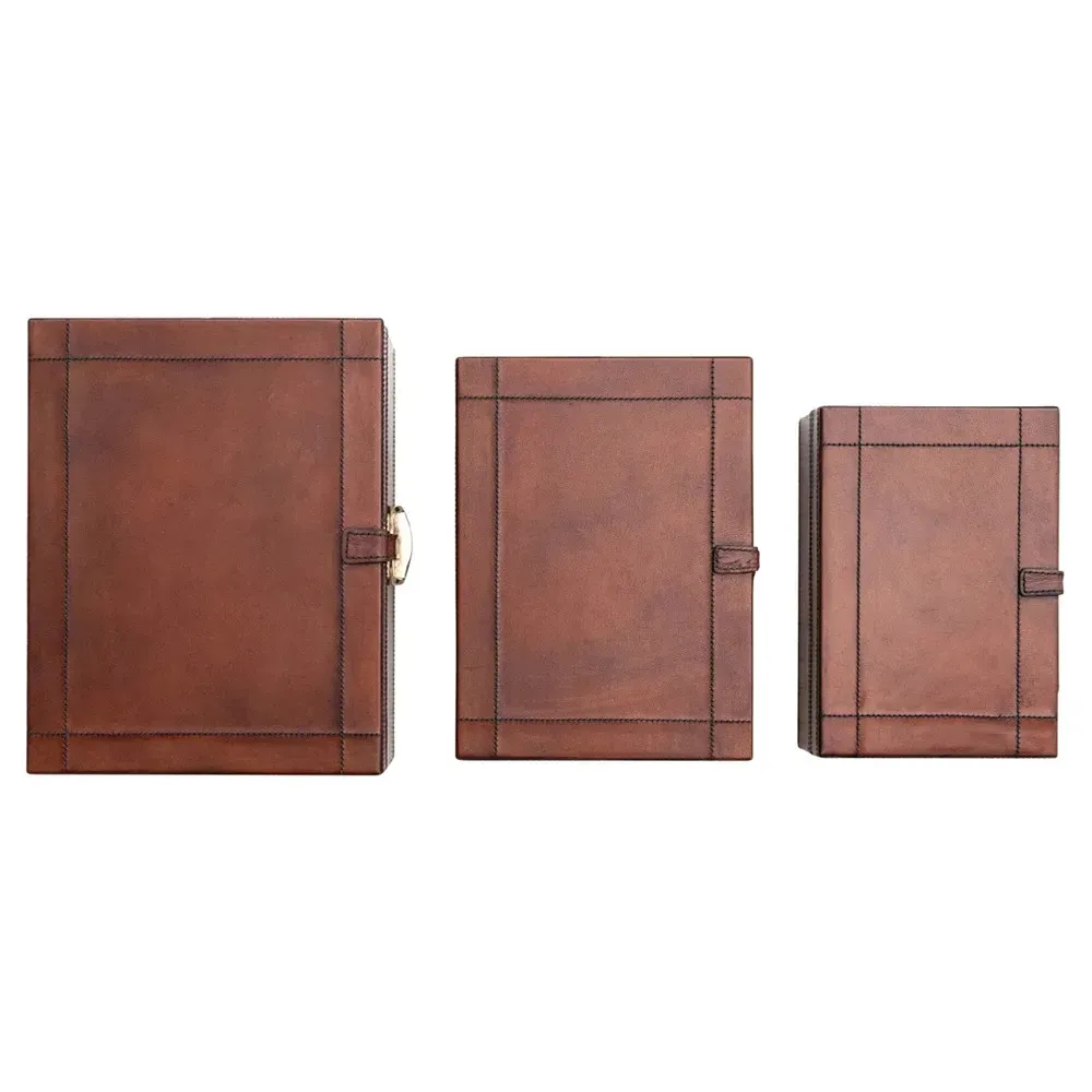 Charlee Rectangular Decorative Box Set of 3 - Brown, Leather