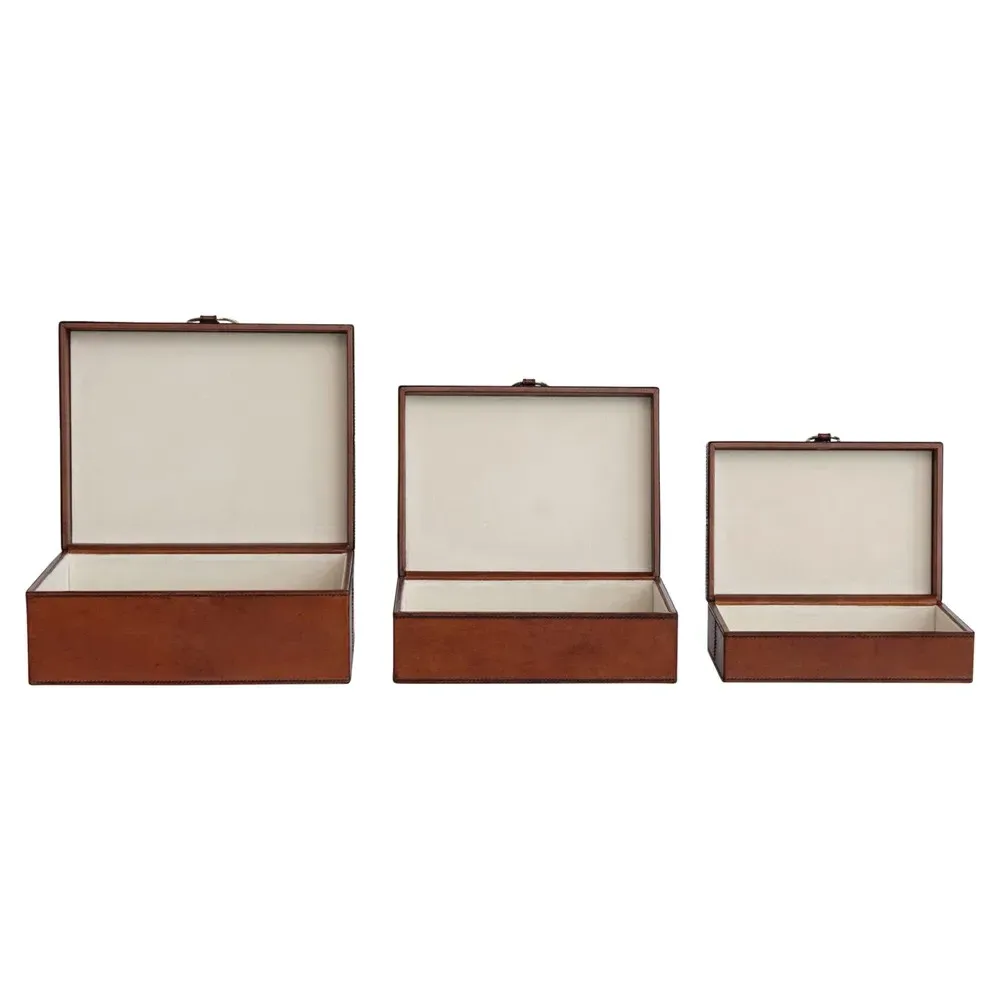 Charlee Rectangular Decorative Box Set of 3 - Brown, Leather