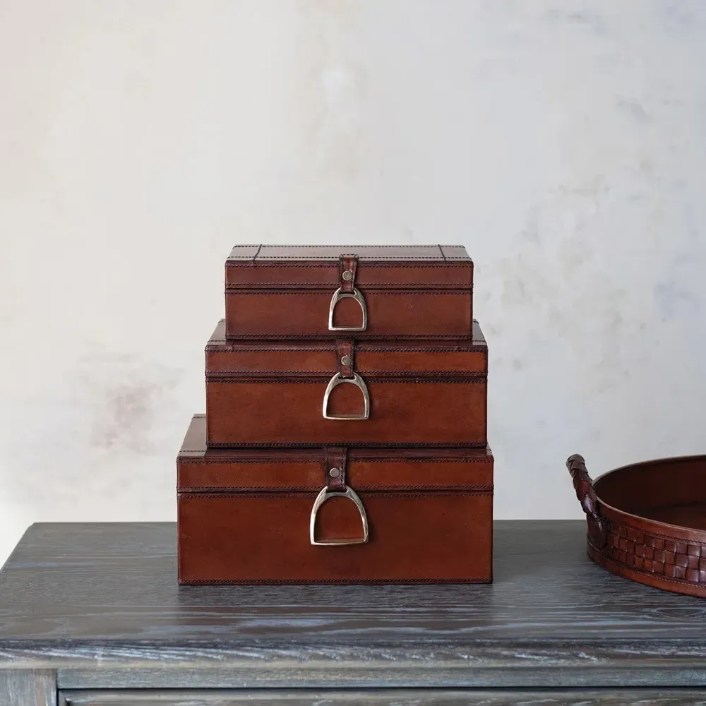 Charlee Rectangular Decorative Box Set of 3 - Brown, Leather