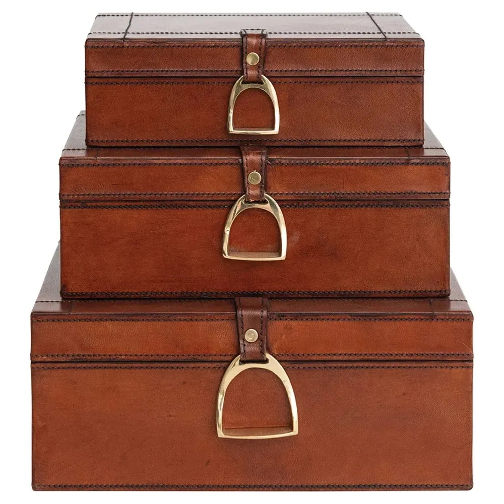Charlee Rectangular Decorative Box Set of 3 - Brown, Leather image