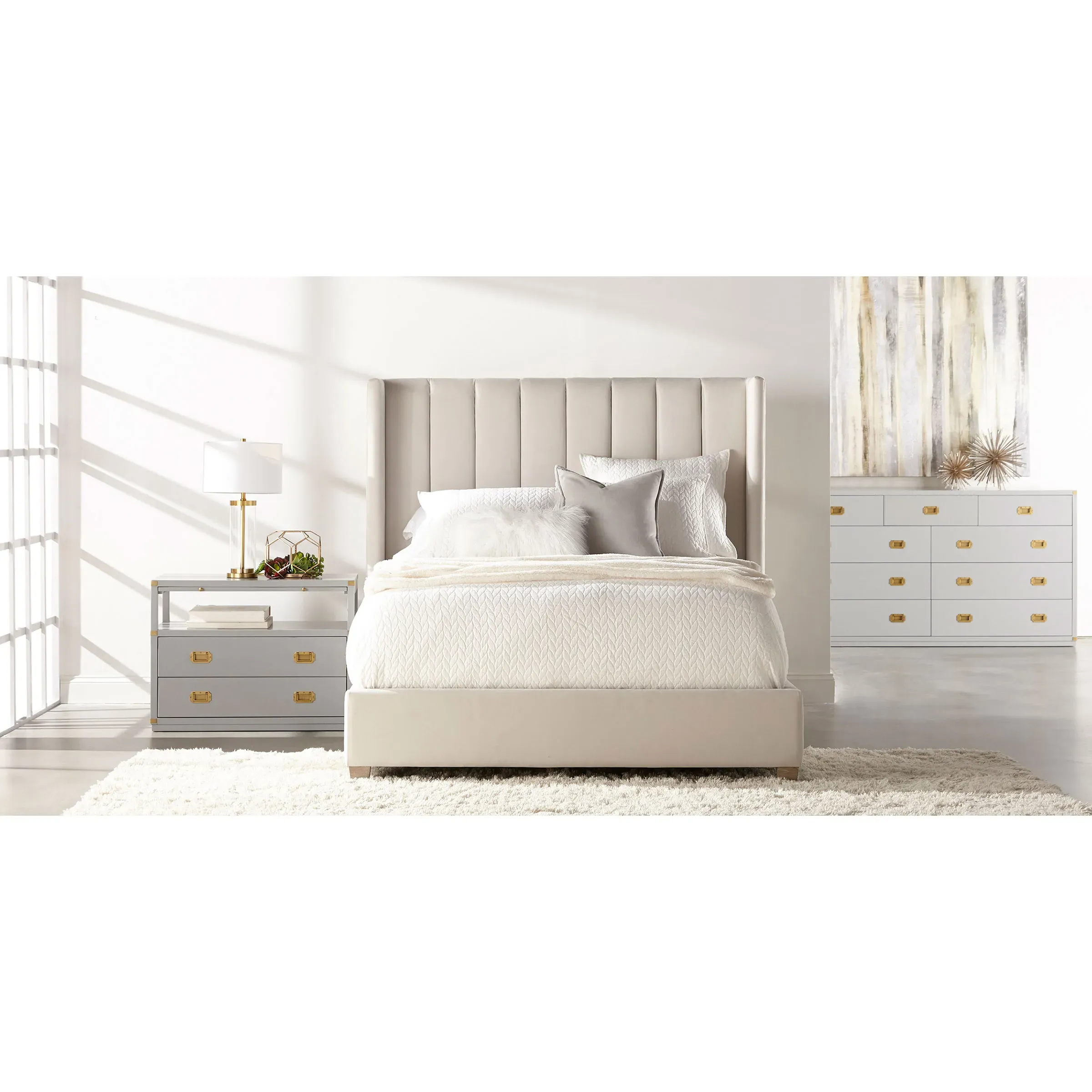 Charo King Bed Frame - Ivory, Velvet