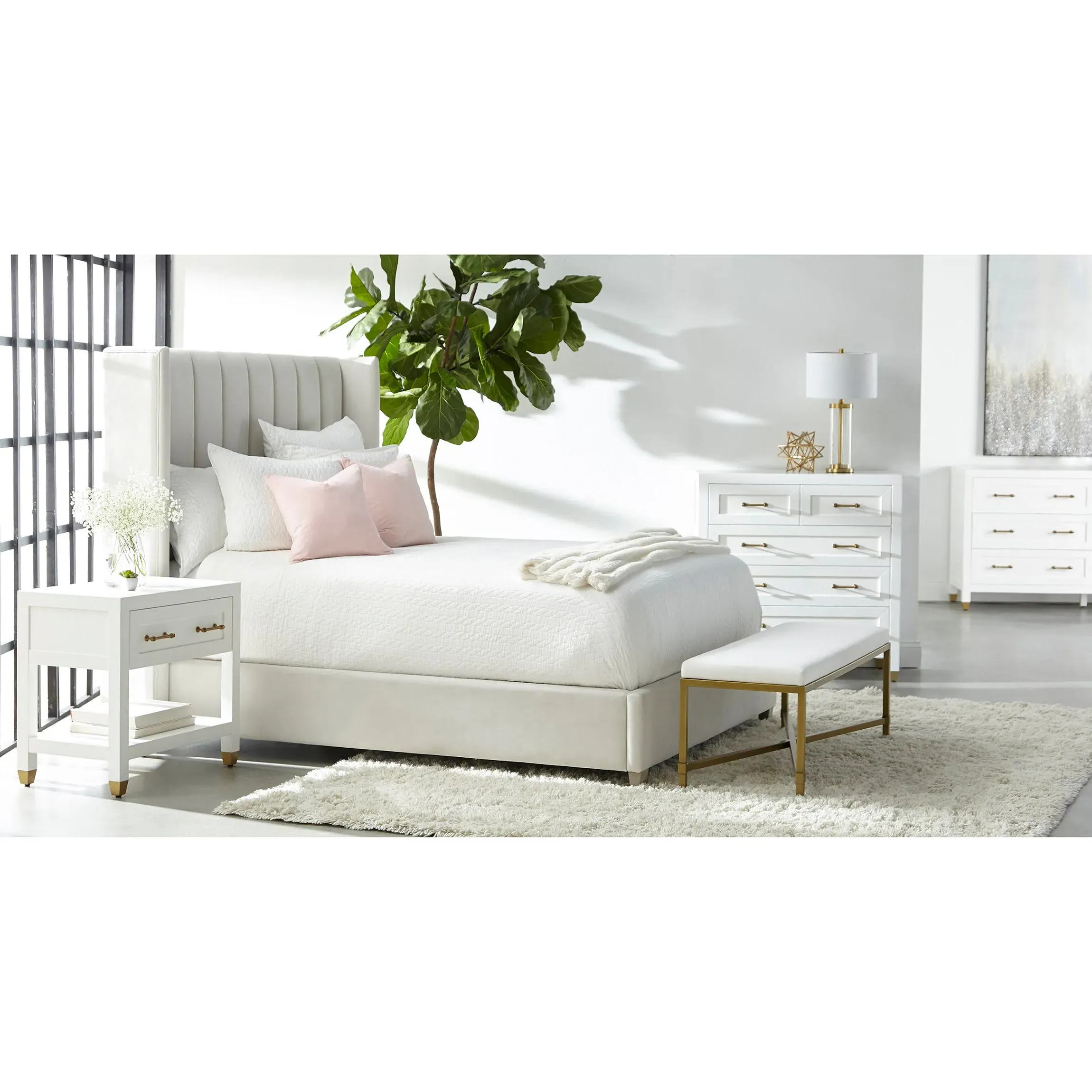 Charo Queen Bed Frame - Ivory, Velvet
