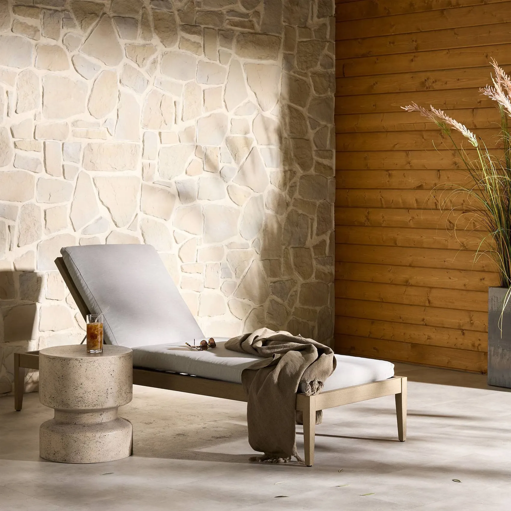 Cheryl Outdoor Chaise Lounge - Light Grey, Teak