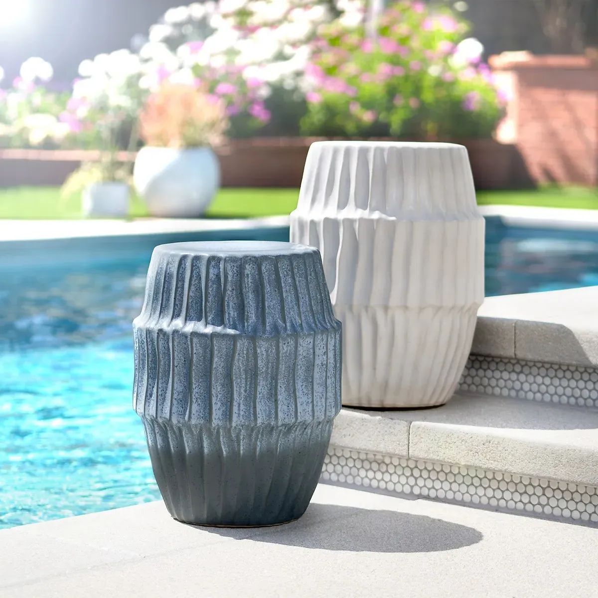 Chiyo Round Side Table - Blue, Ceramic