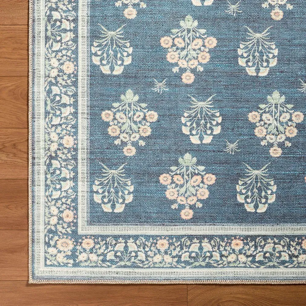 Chrisna Floral Patterned Rug - Dark Blue, Polyester