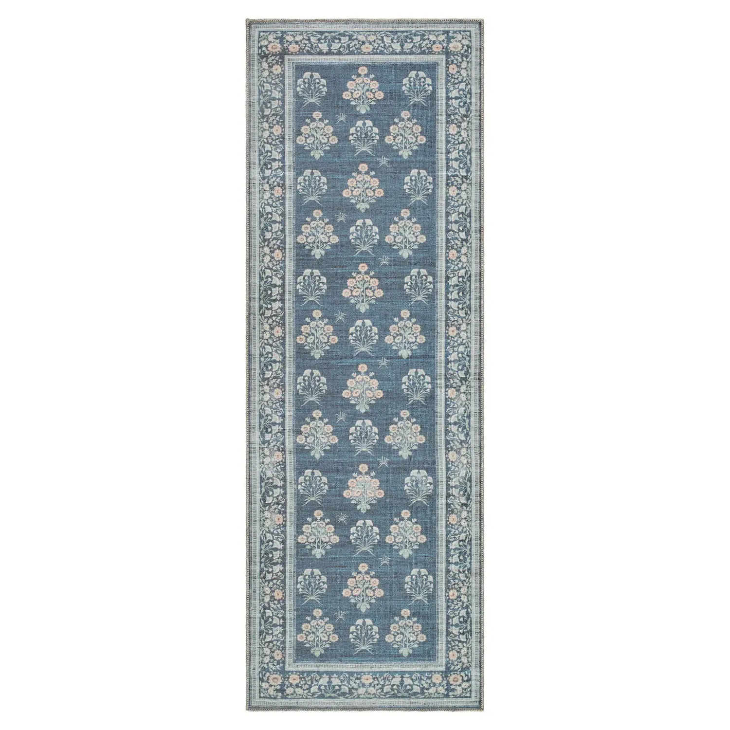Chrisna Runner Floral Patterned Rug - Dark Blue, Polyester