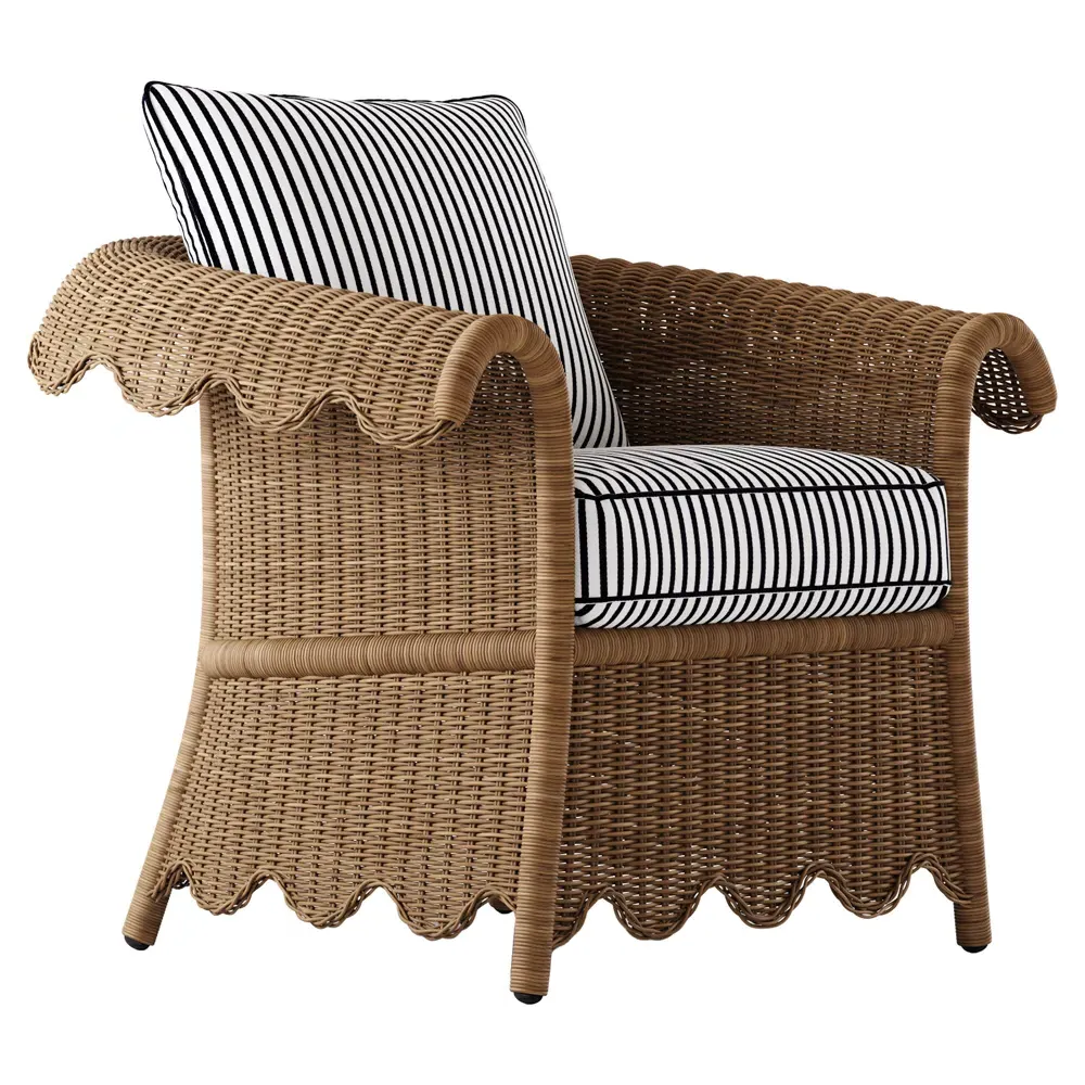 Cielo Scalloped Outdoor Lounge Chair - Navy Stripe, Wicker
