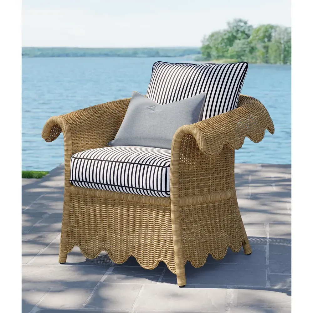 Cielo Scalloped Outdoor Lounge Chair - Navy Stripe, Wicker
