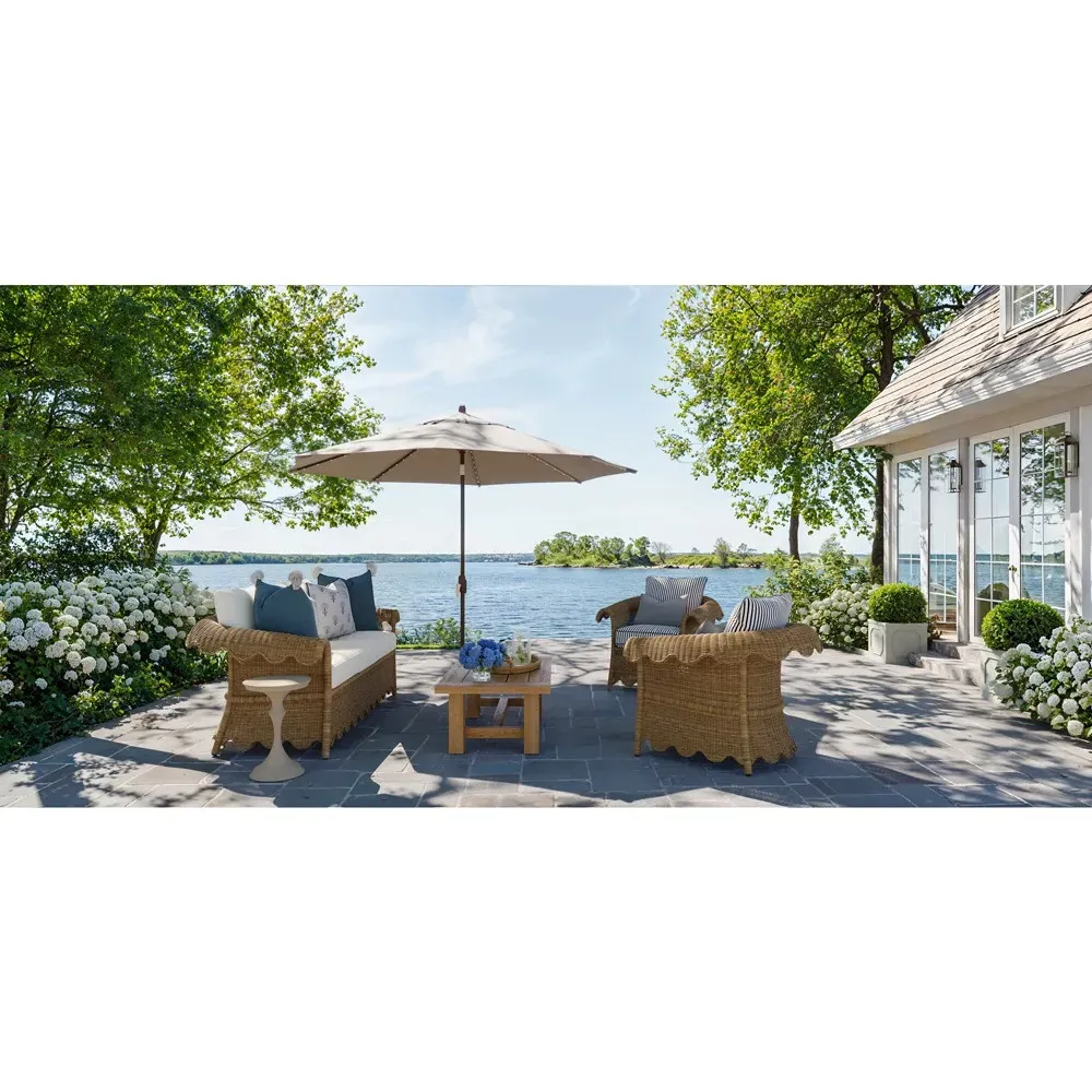 Cielo Scalloped Outdoor Lounge Chair - Navy Stripe, Wicker