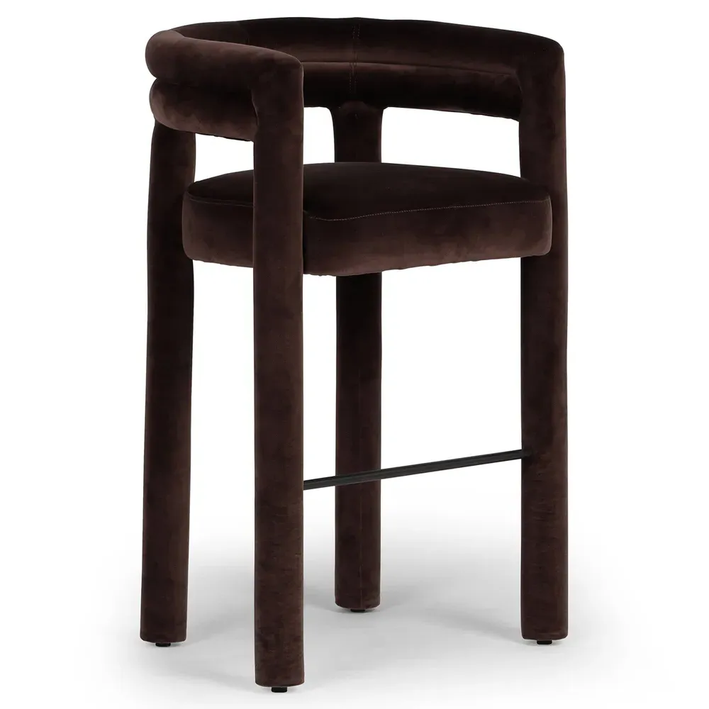 Claire Bar Stool - Dark Brown, Velvet
