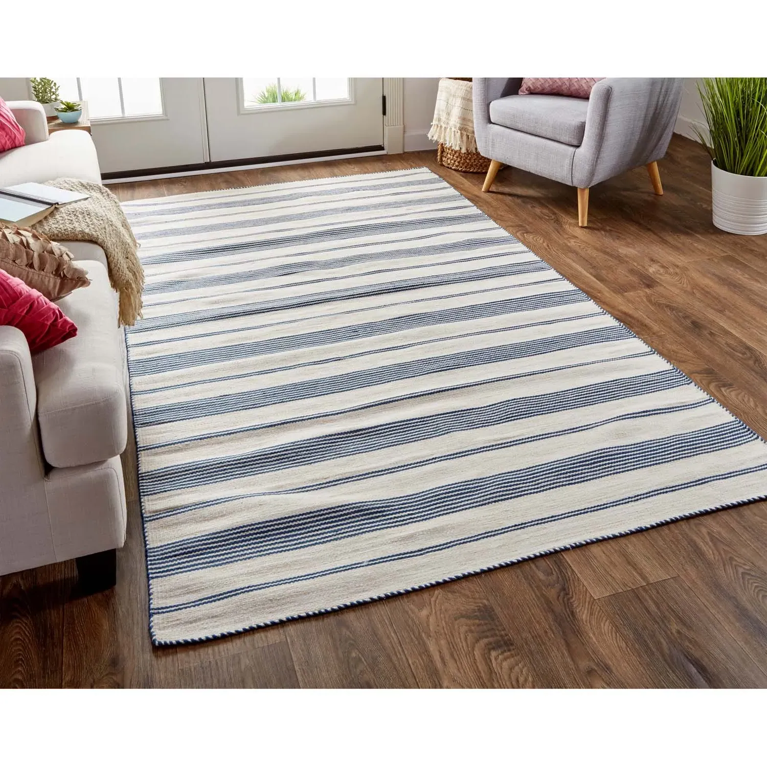 Claude Striped Indoor Outdoor Rug - Blue, PET Fiber