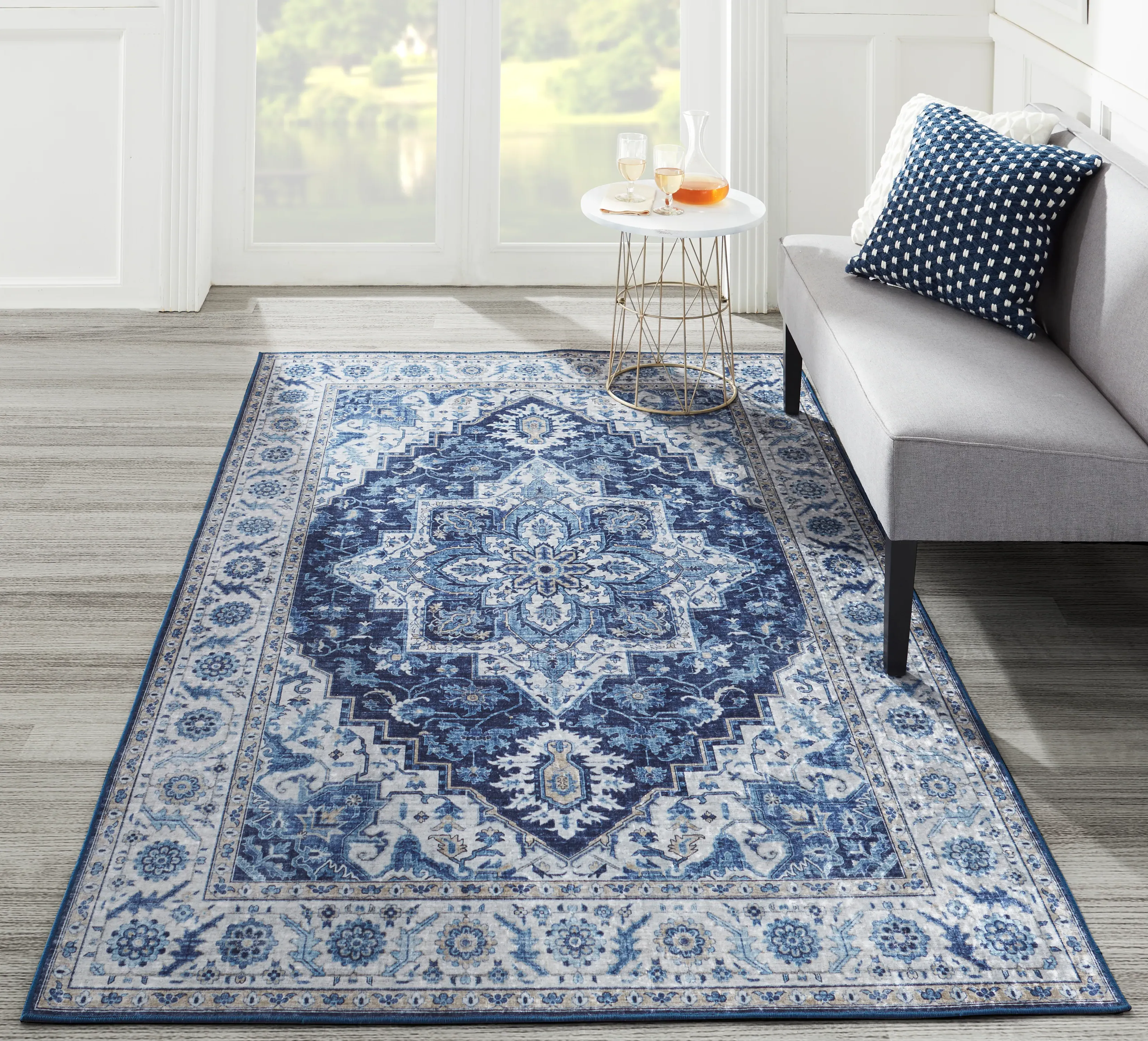 Coen Medallion Patterned Rug - Navy Blue, Polyester
