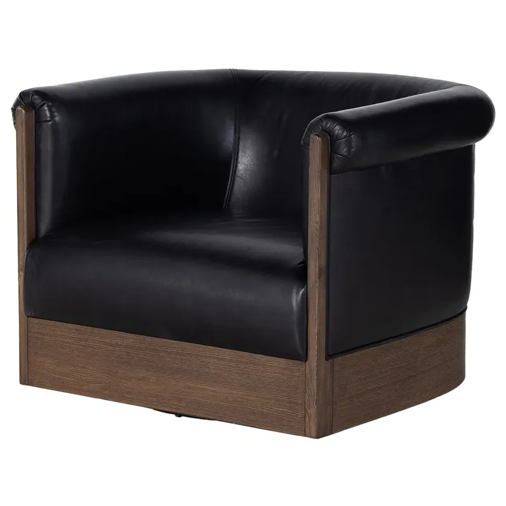 Cole Barrel Swivel Club Chair - Black, Leather