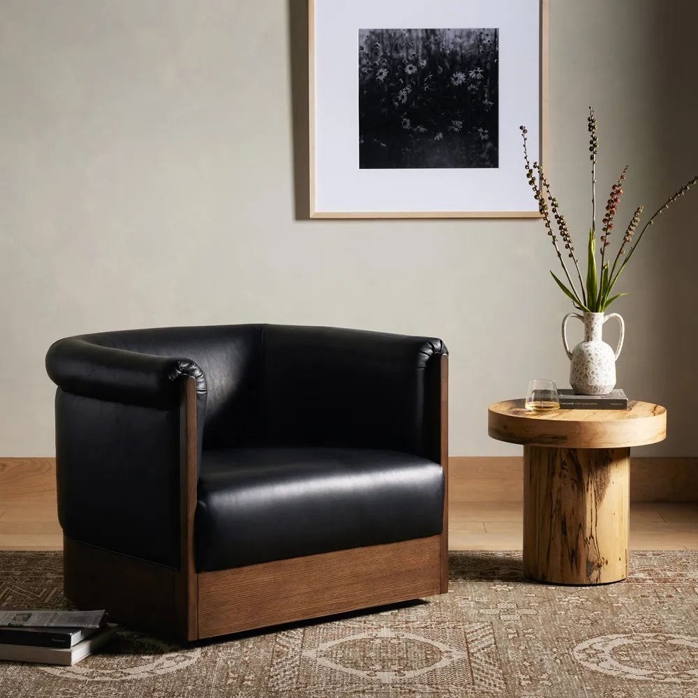 Cole Barrel Swivel Club Chair - Black, Leather