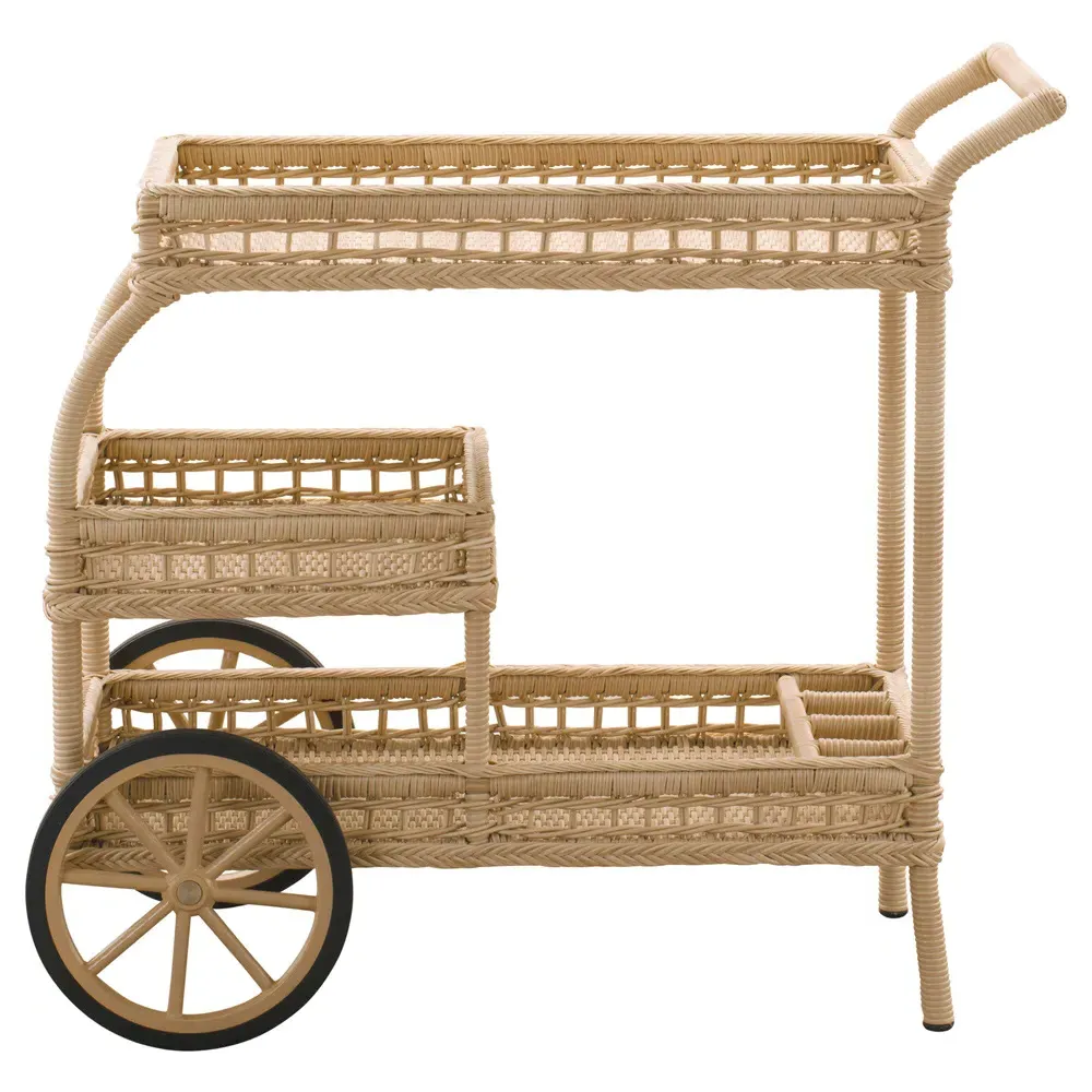 Connor Herringbone Woven Outdoor Bar Cart - Natural, Faux Rattan