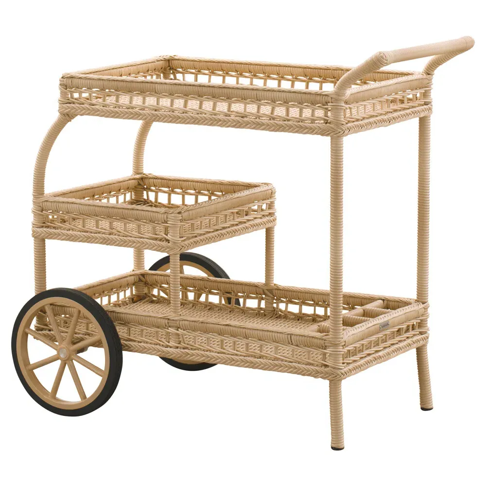 Connor Herringbone Woven Outdoor Bar Cart - Natural, Faux Rattan